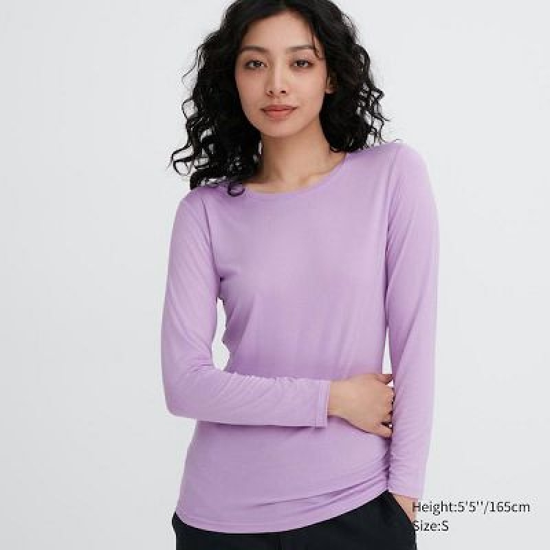 Camiseta Uniqlo HEATTECH Crew Neck Long-Sleeve Mujer Moradas | 694721_PE