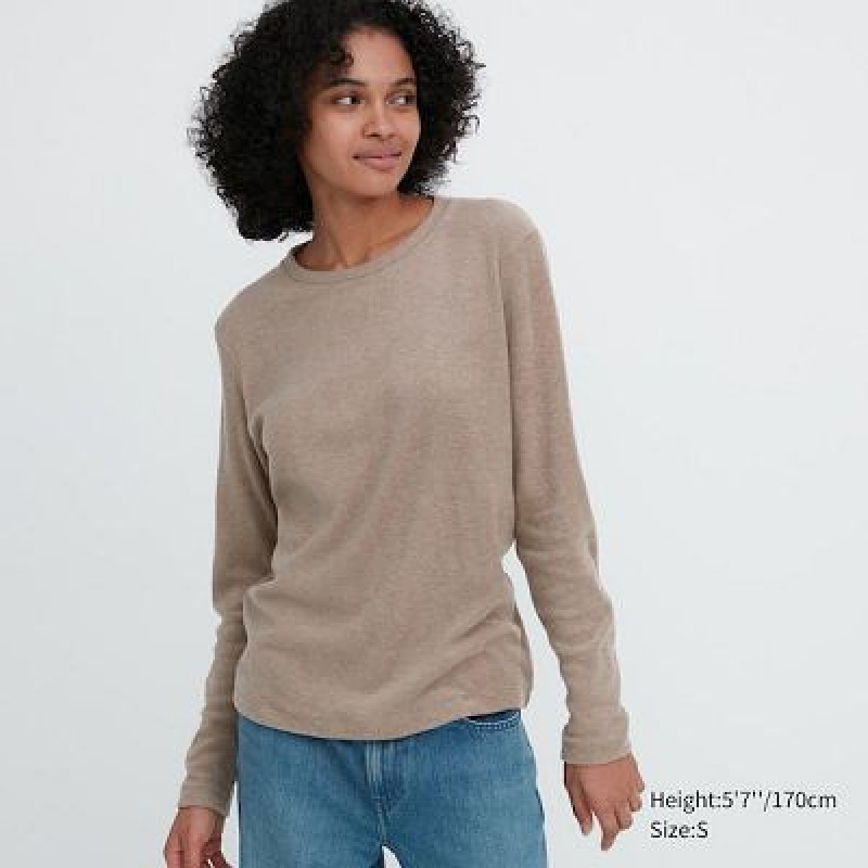 Camiseta Uniqlo HEATTECH Crew Neck Long-Sleeve Mujer Beige | 39462_PE