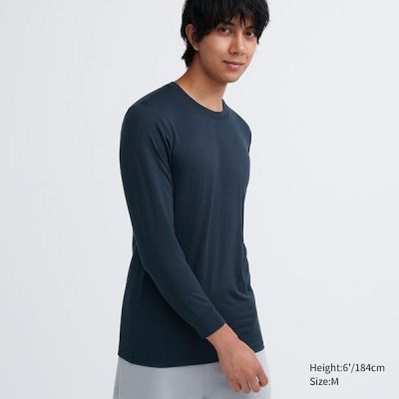 Camiseta Uniqlo HEATTECH Crew Neck Long-Sleeve Hombre Azul Marino | 568037_PE