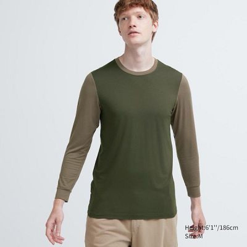 Camiseta Uniqlo HEATTECH Crew Neck Long Sleeve Hombre Verde | 754981_PE