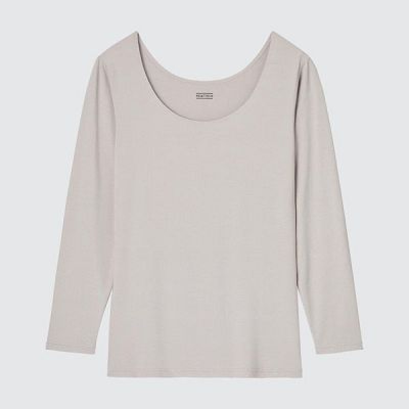 Camiseta Uniqlo HEATTECH Scoop Neck Long-Sleeve Mujer Gris | 357294_PE