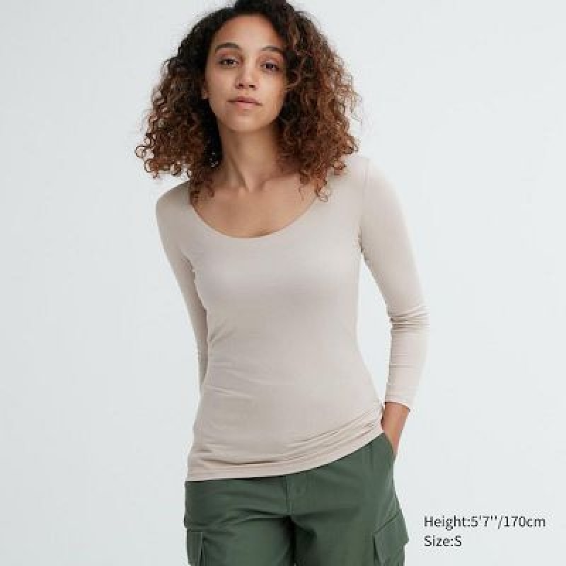 Camiseta Uniqlo HEATTECH Scoop Neck Long-Sleeve Mujer Gris | 357294_PE