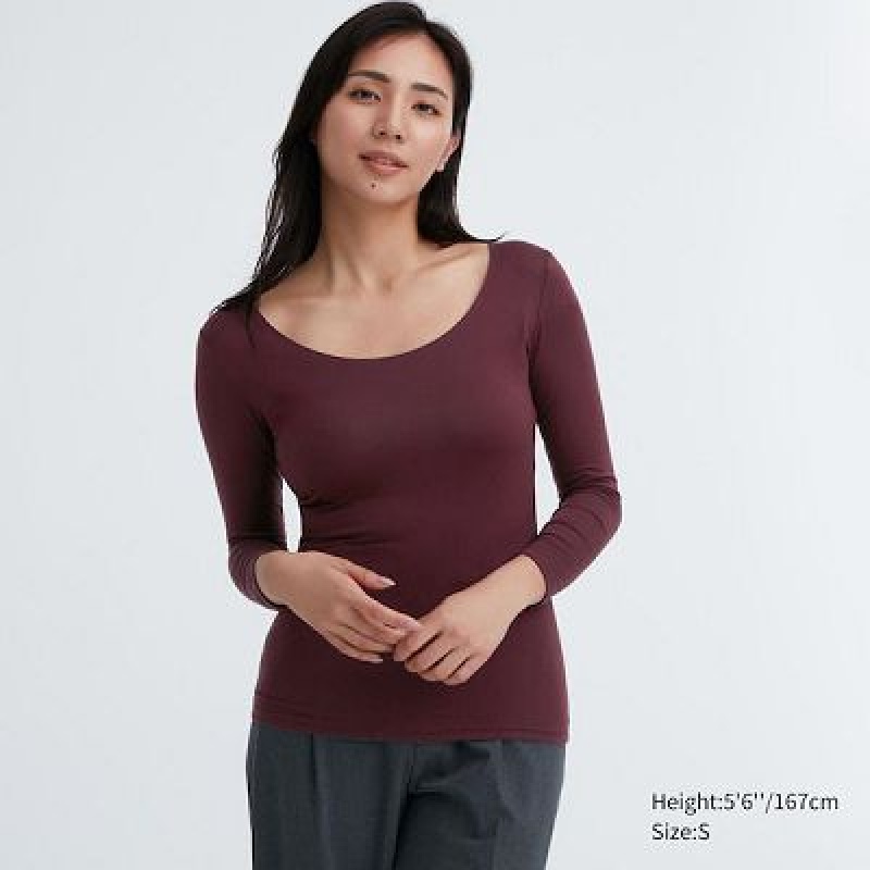 Camiseta Uniqlo HEATTECH Scoop Neck Long-Sleeve Mujer Wine | 485361_PE