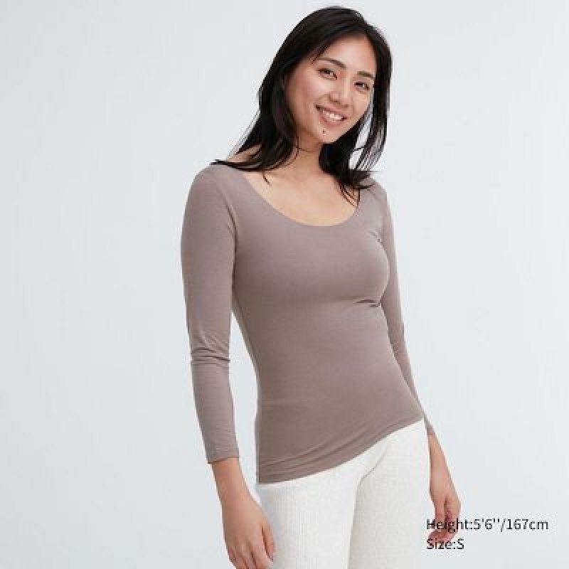 Camiseta Uniqlo HEATTECH Scoop Neck Long-Sleeve Mujer Beige | 842709_PE