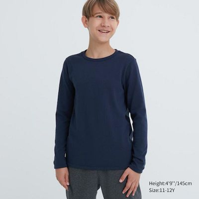 Camiseta Uniqlo HEATTECH Ultra Warm Crew Neck Niños Azul Marino | 896035_PE