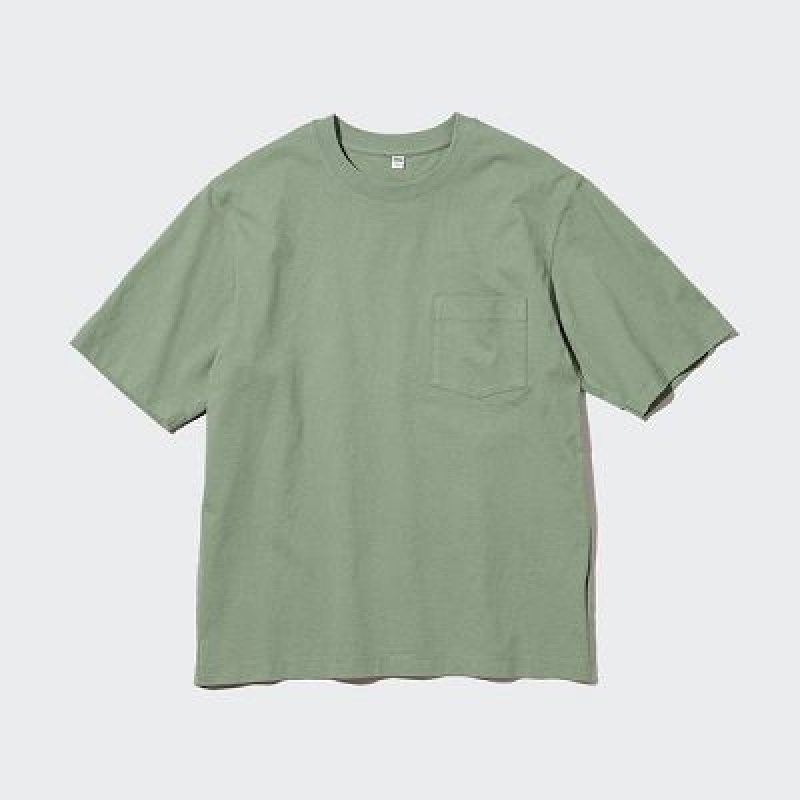 Camiseta Uniqlo Oversized Pocket Crew Neck Half-Sleeve Mujer Verde | 501826_PE