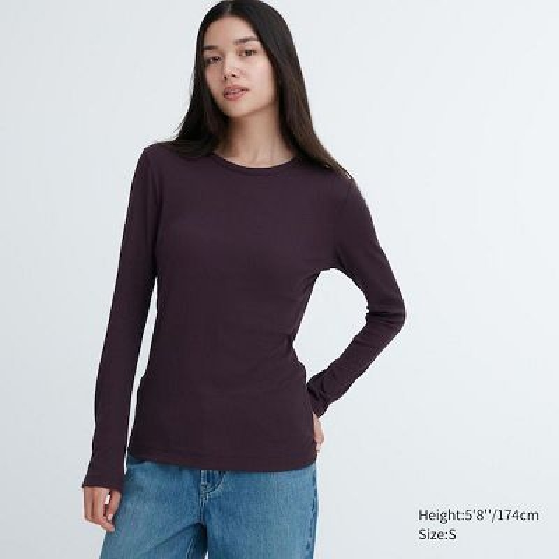 Camiseta Uniqlo Sheer Jersey Crew Neck Long-Sleeve Mujer Wine | 427531_PE