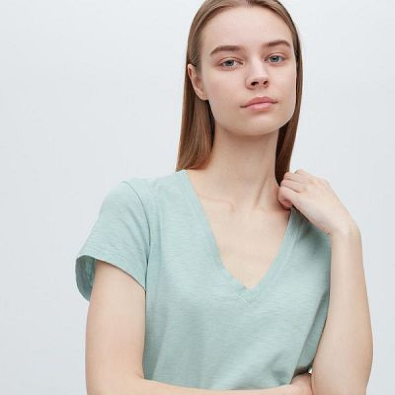 Camiseta Uniqlo Slub Jersey V-Neck Short-Sleeve Mujer Gris | 943215_PE