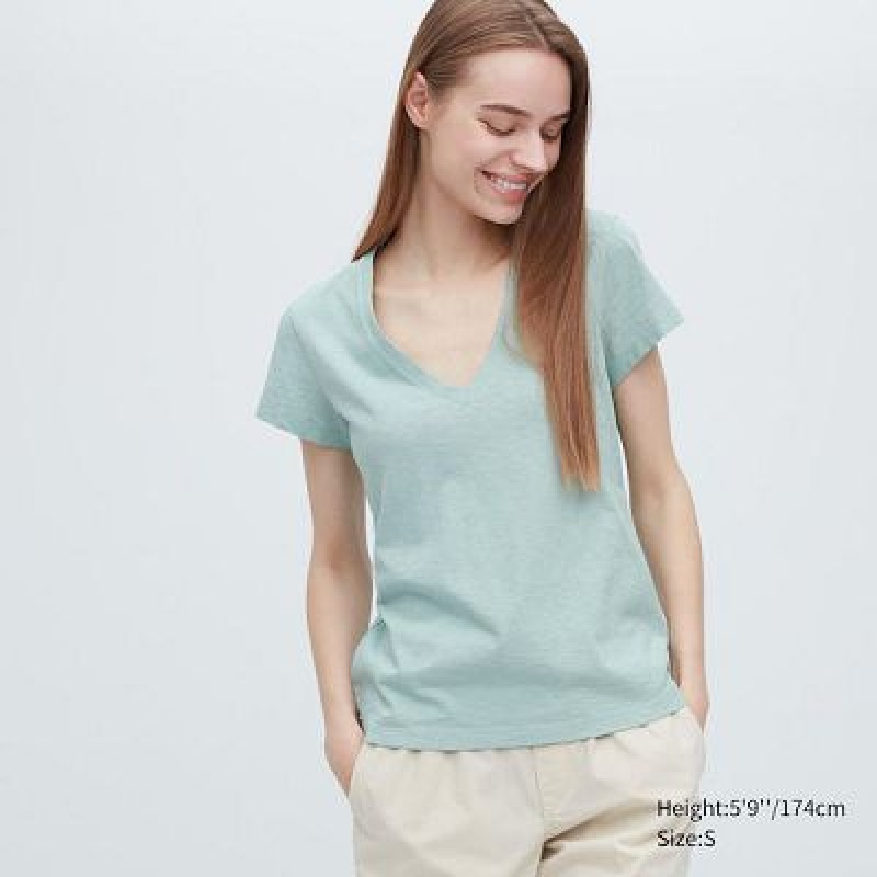 Camiseta Uniqlo Slub Jersey V-Neck Short-Sleeve Mujer Verde | 316509_PE