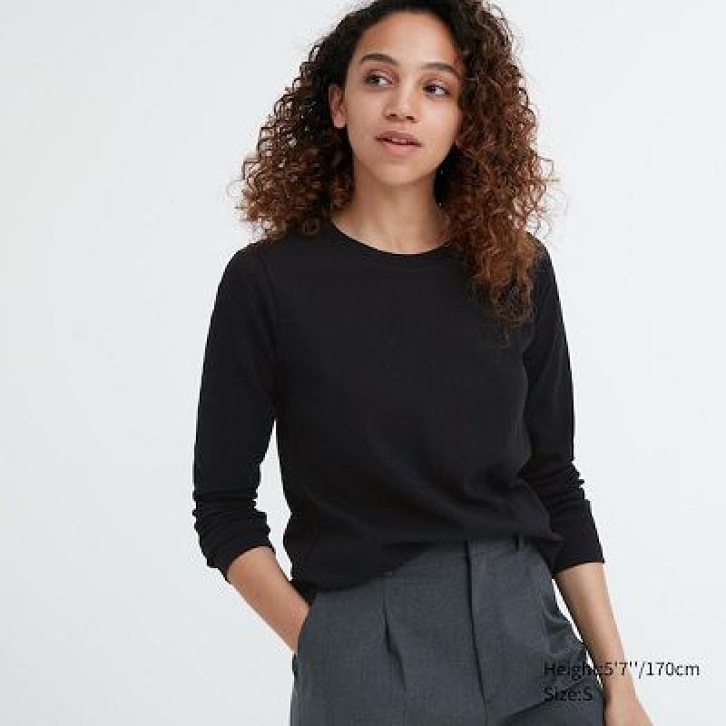 Camiseta Uniqlo Smooth Stretch Cotton Crew Neck Long-Sleeve Mujer Negras | 932018_PE