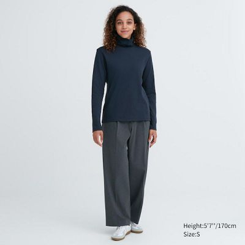 Camiseta Uniqlo Smooth Stretch Cotton Turtleneck Long-Sleeve Mujer Negras | 861075_PE