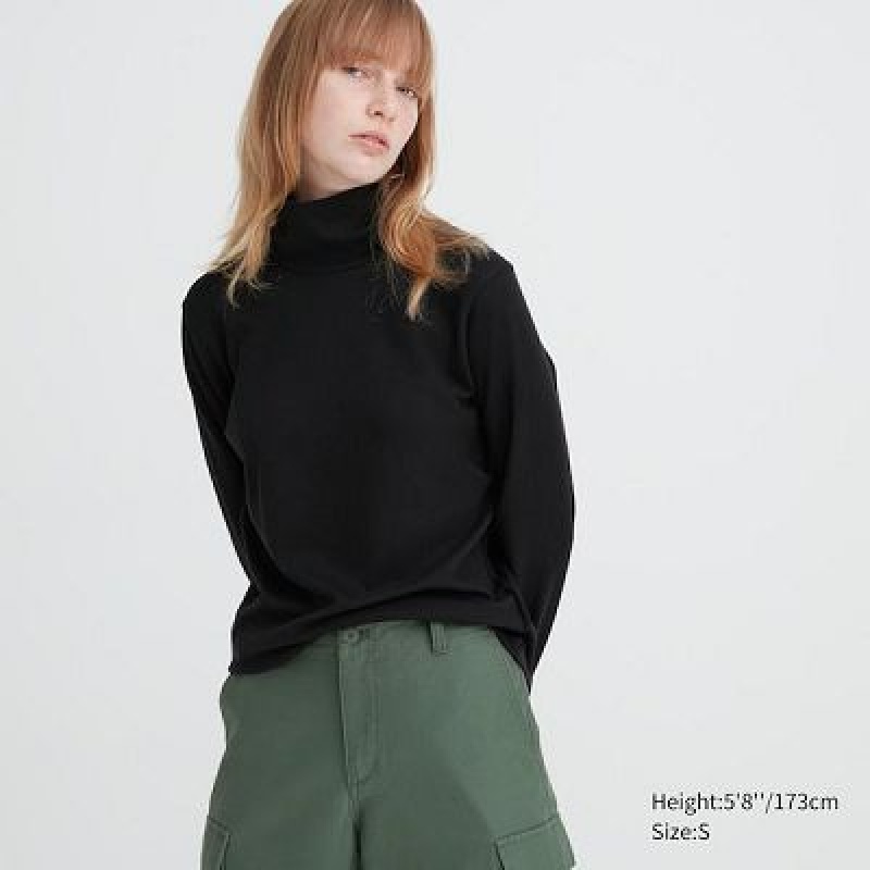 Camiseta Uniqlo Smooth Stretch Cotton Turtleneck Long-Sleeve Mujer Negras | 861075_PE