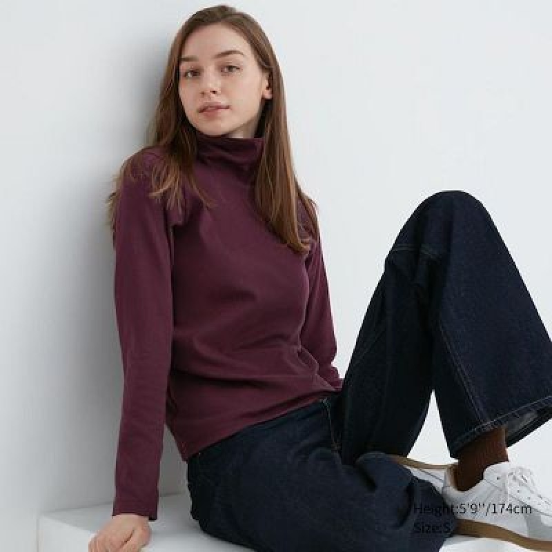 Camiseta Uniqlo Smooth Stretch Cotton Turtleneck Long-Sleeve Mujer Wine | 384067_PE