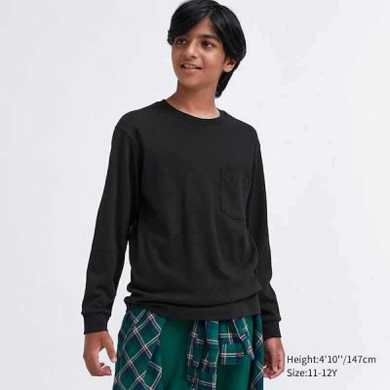 Camiseta Uniqlo Soft Brushed Crew Neck Long-Sleeve Niños Negras | 143207_PE