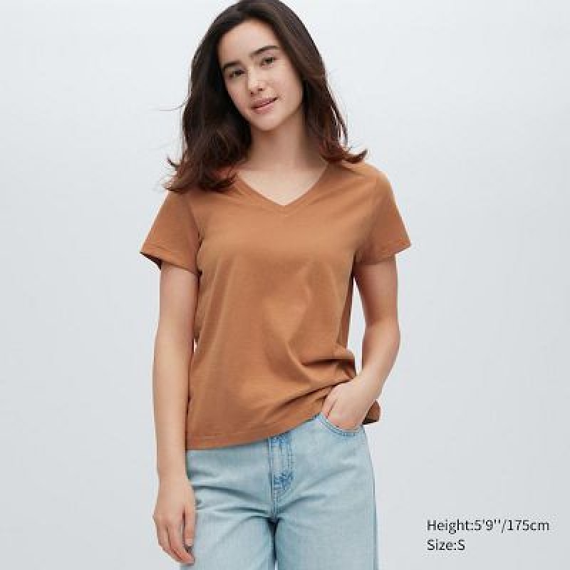 Camiseta Uniqlo Supima® Cotton V-Neck Short-Sleeve Mujer Marrones | 46298_PE