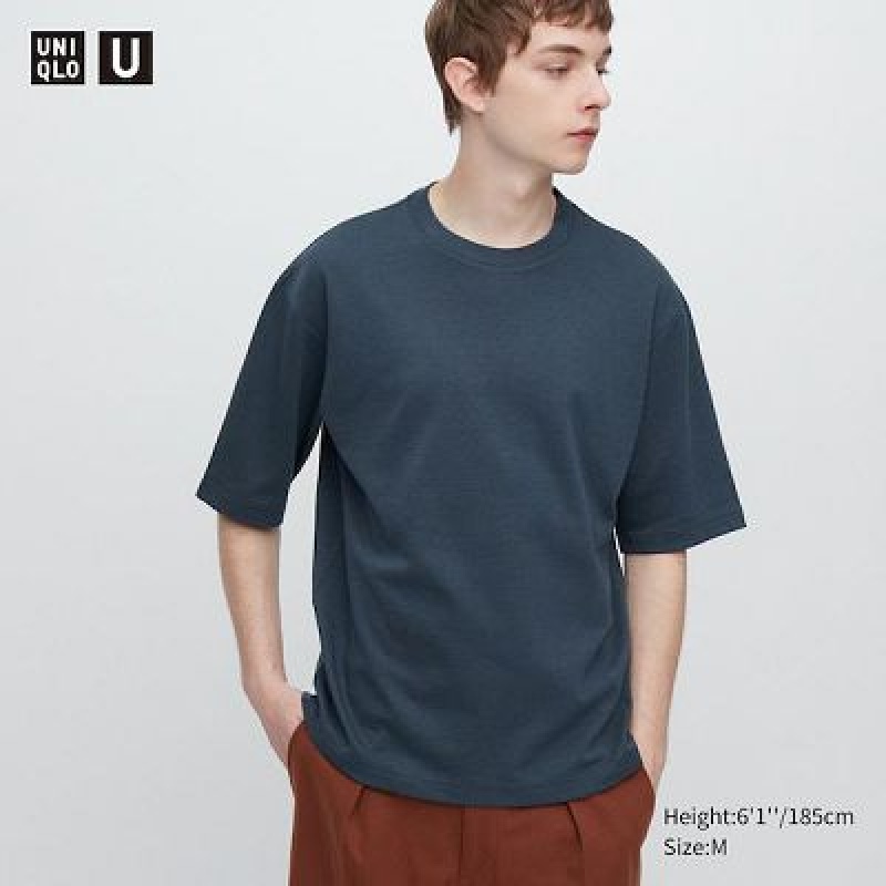 Camiseta Uniqlo U AIRism Cotton A Rayas Crew Neck Oversized Hombre Azules | 290634_PE