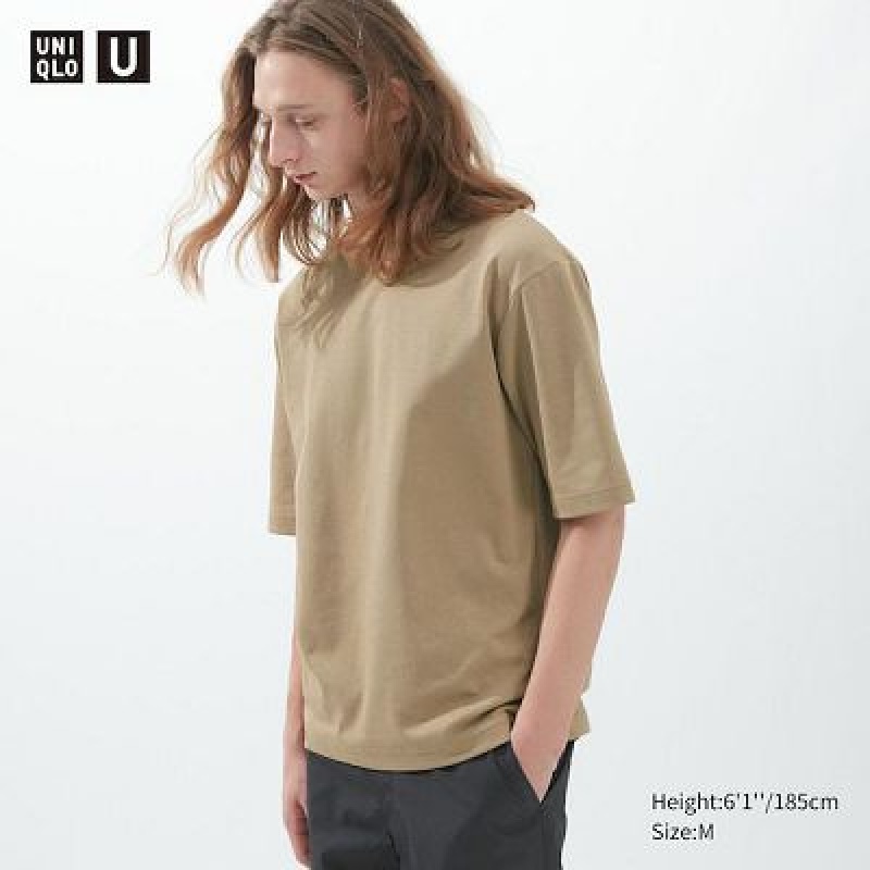 Camiseta Uniqlo U AIRism Cotton Oversized Crew Neck Half-Sleeve Mujer Beige | 73248_PE