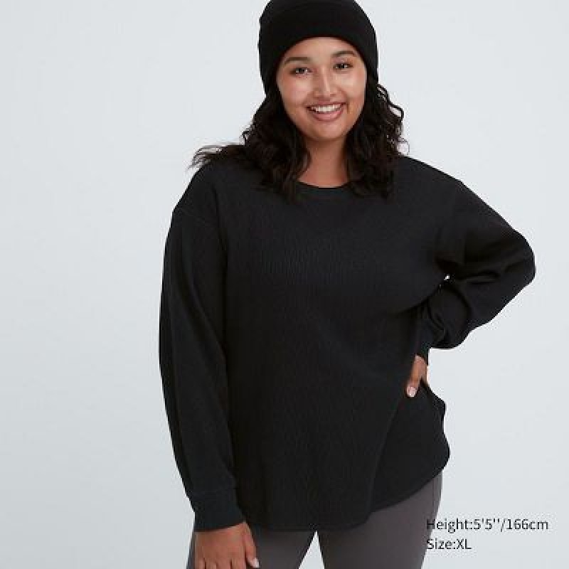 Camiseta Uniqlo Waffle Crew Neck Long-Sleeve Mujer Negras | 870256_PE