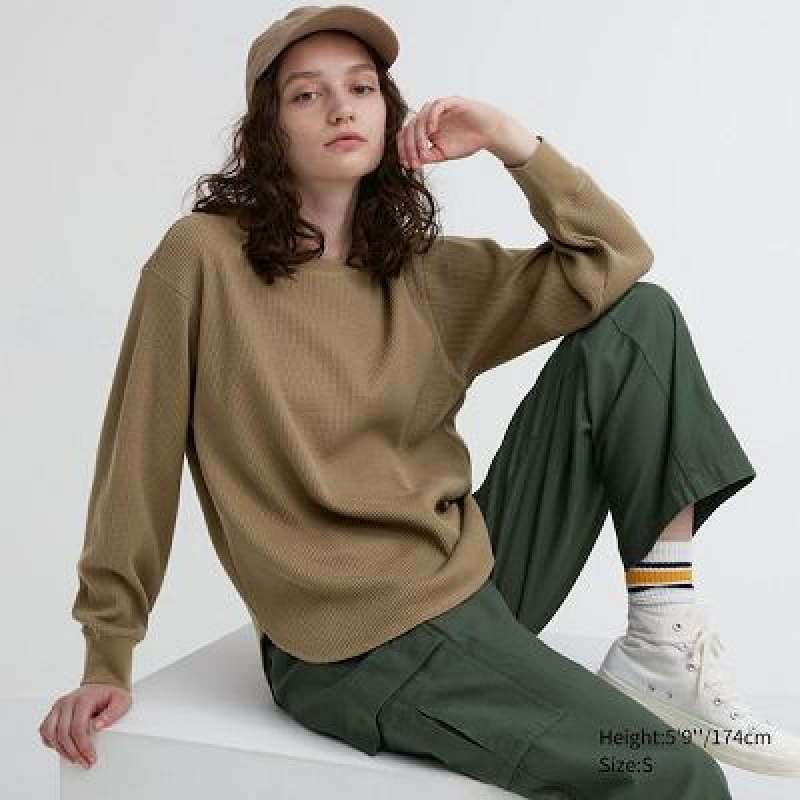 Camiseta Uniqlo Waffle Crew Neck Long-Sleeve Mujer Marrones | 895274_PE