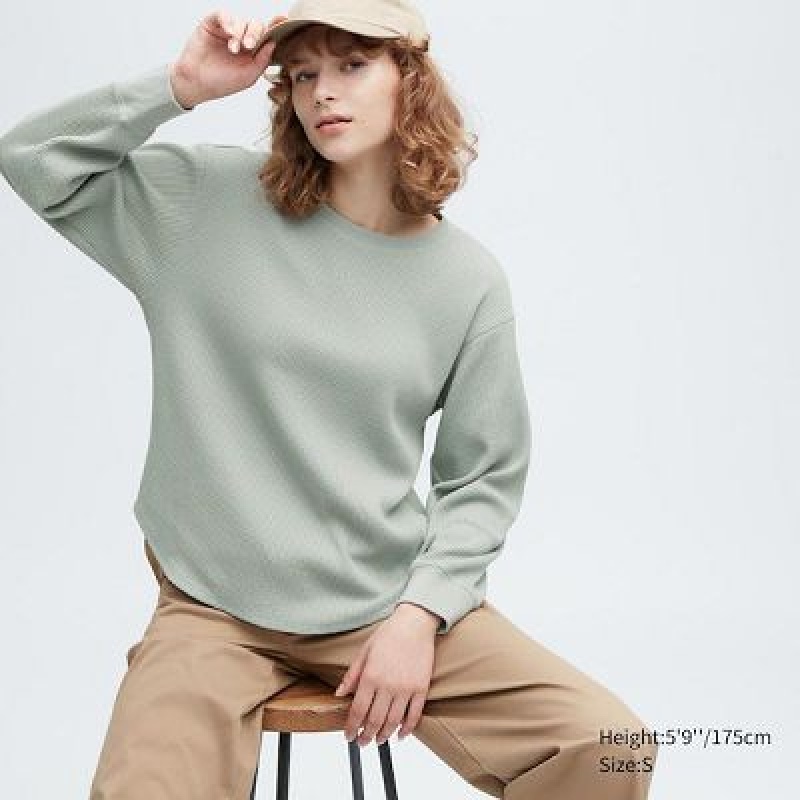 Camiseta Uniqlo Waffle Crew Neck Long-Sleeve Mujer Verde | 315798_PE