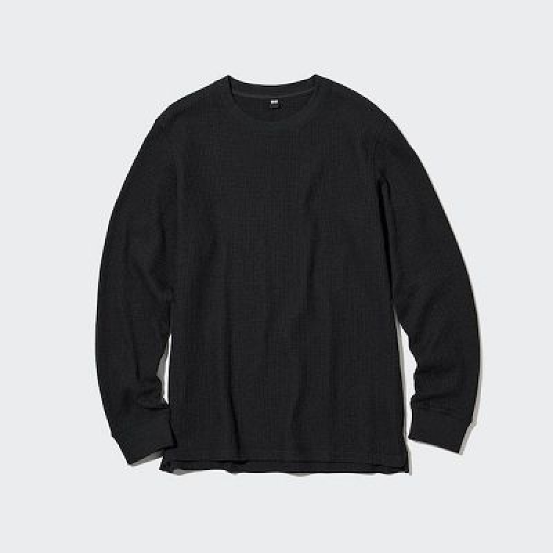 Camiseta Uniqlo Waffle Crew Neck Long-Sleeve Hombre Negras | 953621_PE