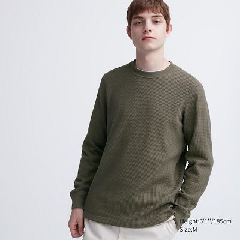 Camiseta Uniqlo Waffle Crew Neck Long-Sleeve Hombre Verde | 820147_PE