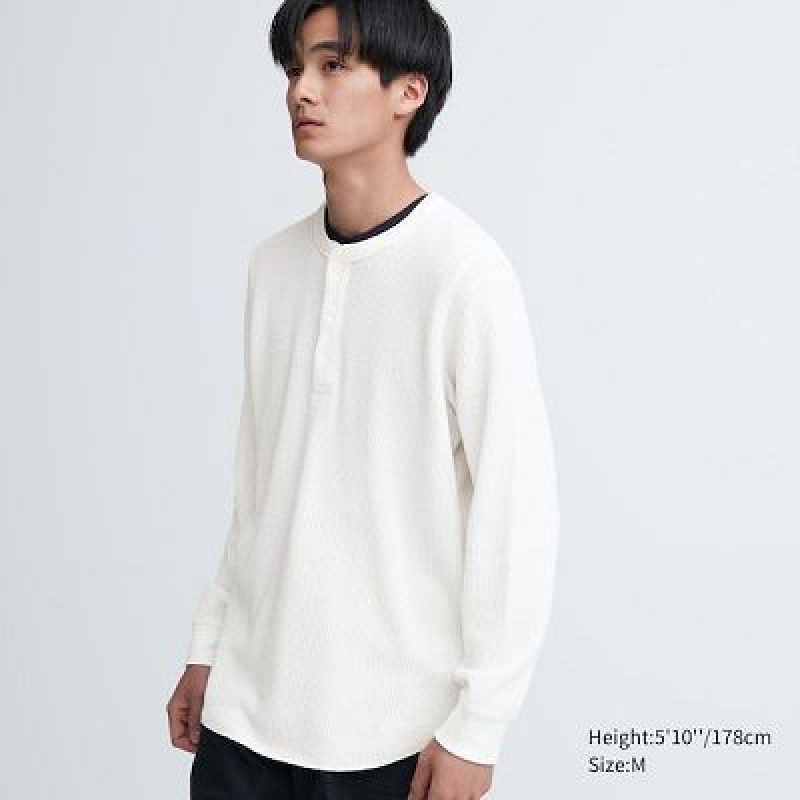 Camiseta Uniqlo Waffle Henley Neck Long-Sleeve Hombre Blancas | 96517_PE