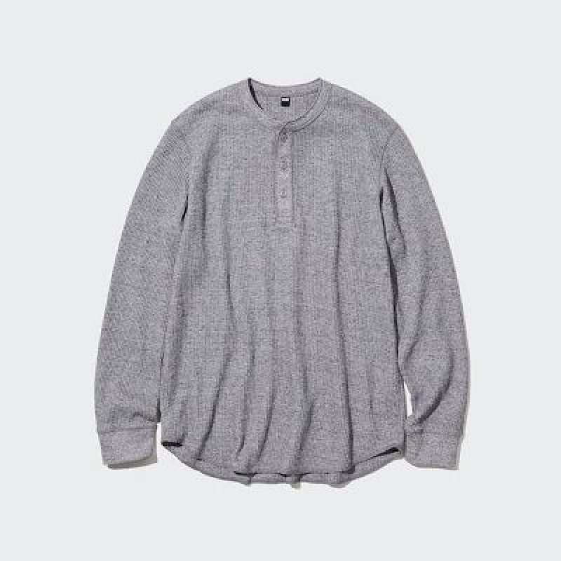 Camiseta Uniqlo Waffle Henley Neck Long-Sleeve Hombre Gris | 257809_PE