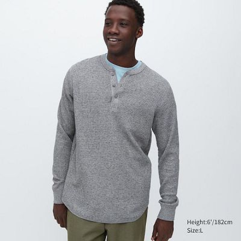 Camiseta Uniqlo Waffle Long-Sleeve Henley Mujer Gris | 905213_PE