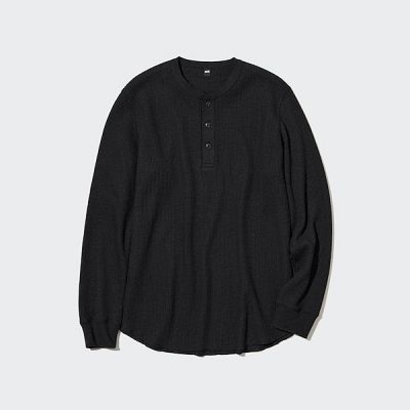 Camiseta Uniqlo Waffle Long-Sleeve Henley Mujer Negras | 798520_PE