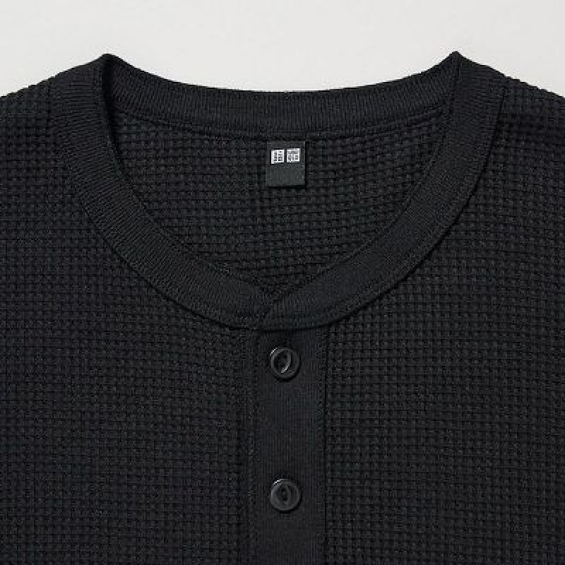 Camiseta Uniqlo Waffle Long-Sleeve Henley Hombre Negras | 459078_PE