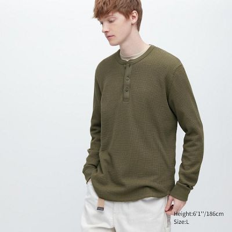 Camiseta Uniqlo Waffle Long-Sleeve Henley Hombre Verde | 187940_PE