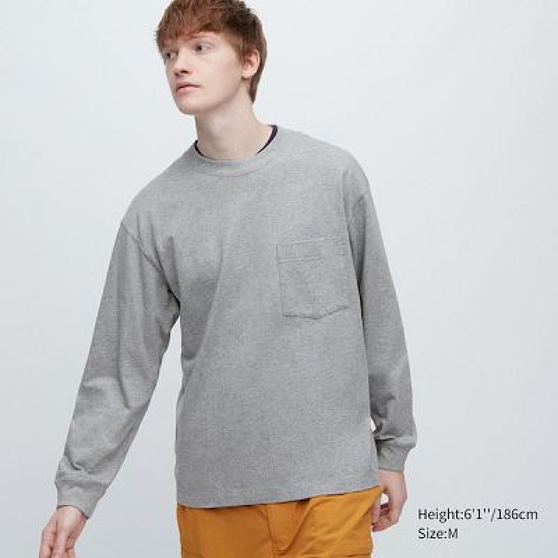 Camiseta Uniqlo Washed Cotton Crew Neck Long-Sleeve Mujer Gris | 31462_PE