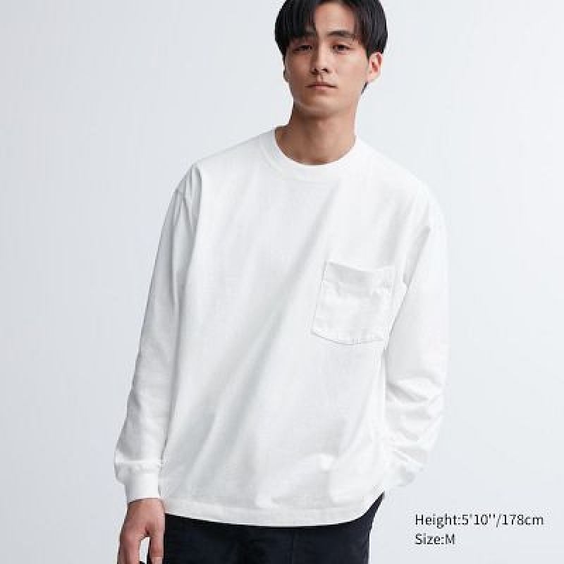 Camiseta Uniqlo Washed Cotton Crew Neck Long-Sleeve Hombre Blancas | 261038_PE