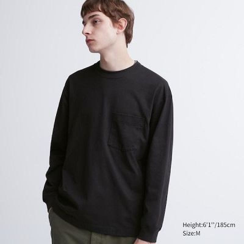 Camiseta Uniqlo Washed Cotton Crew Neck Long-Sleeve Hombre Negras | 375486_PE