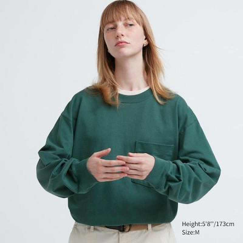 Camiseta Uniqlo Washed Cotton Crew Neck Long-Sleeve Hombre Verde | 679502_PE