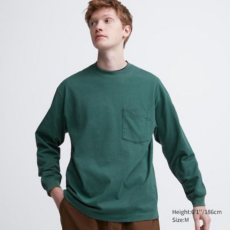 Camiseta Uniqlo Washed Cotton Crew Neck Long-Sleeve Hombre Verde | 679502_PE