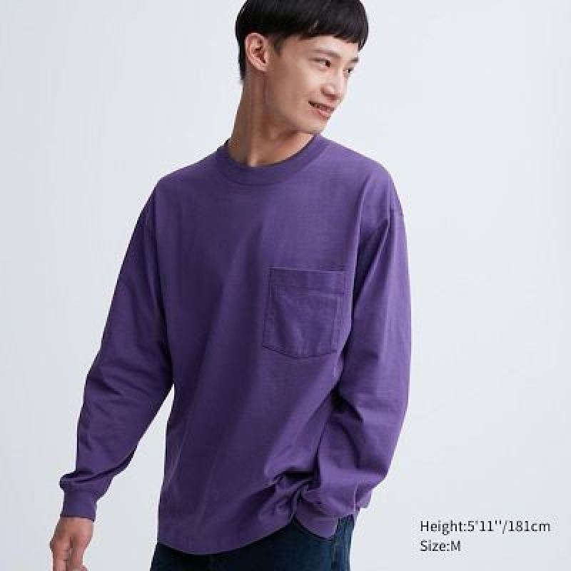 Camiseta Uniqlo Washed Cotton Crew Neck Long-Sleeve Hombre Moradas | 726901_PE