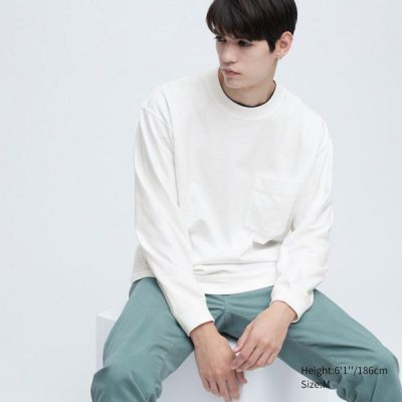 Camiseta Uniqlo Washed Cotton Crew Neck Long-Sleeve Hombre Blancas | 247138_PE