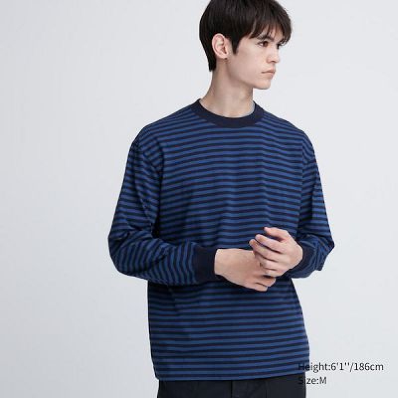 Camiseta Uniqlo Washed Cotton Oversized Crew Neck Long-Sleeve Hombre Azules | 486759_PE