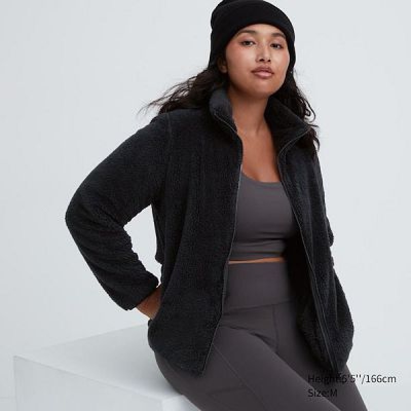 Chaquetas De Lana Uniqlo Fluffy Yarn Full-Zip Mujer Negras | 584916_PE