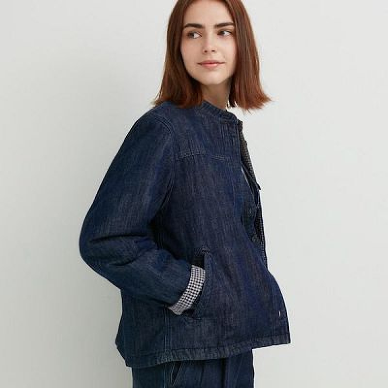 Chaquetas Uniqlo Denim Acolchado Mujer Azul Marino | 876324_PE