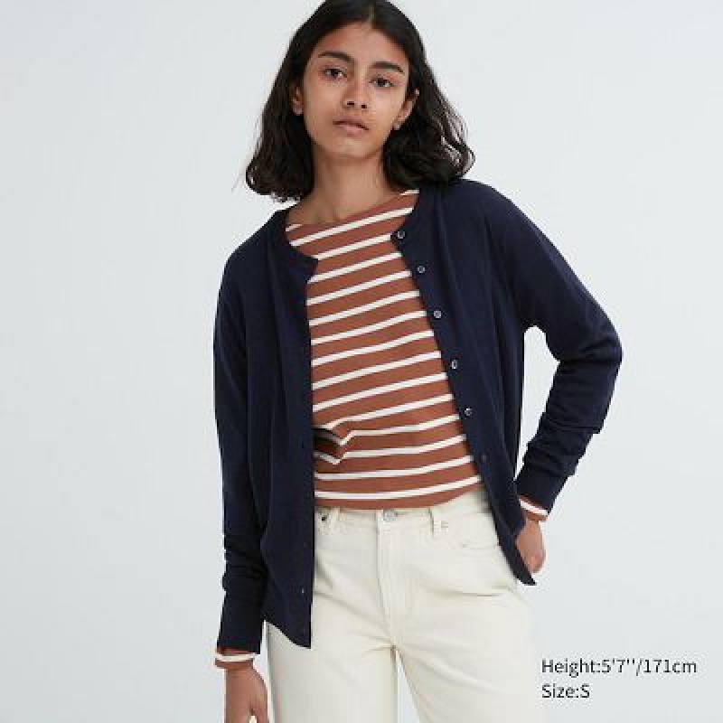 Cárdigan Uniqlo Extra Fine Merino Crew Neck Mujer Azul Marino | 901758_PE