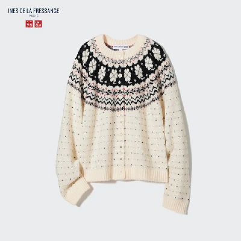 Cárdigan Uniqlo Jacquard Crew Neck Long-Sleeve Mujer Blancas | 72934_PE