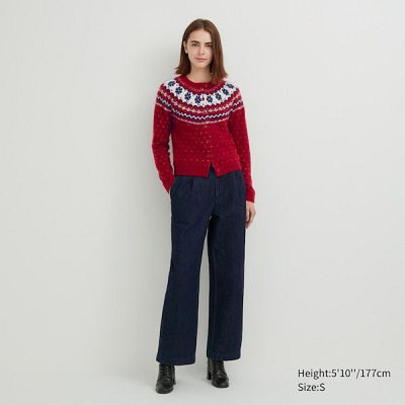 Cárdigan Uniqlo Jacquard Crew Neck Long-Sleeve Mujer Rojas | 41867_PE