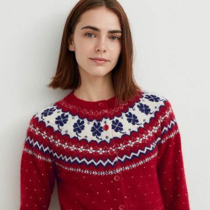 Cárdigan Uniqlo Jacquard Crew Neck Long-Sleeve Mujer Rojas | 41867_PE