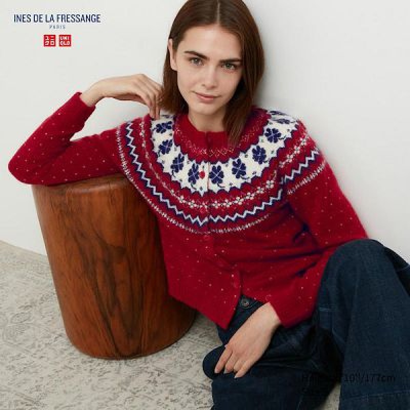 Cárdigan Uniqlo Jacquard Crew Neck Long-Sleeve Mujer Rojas | 41867_PE