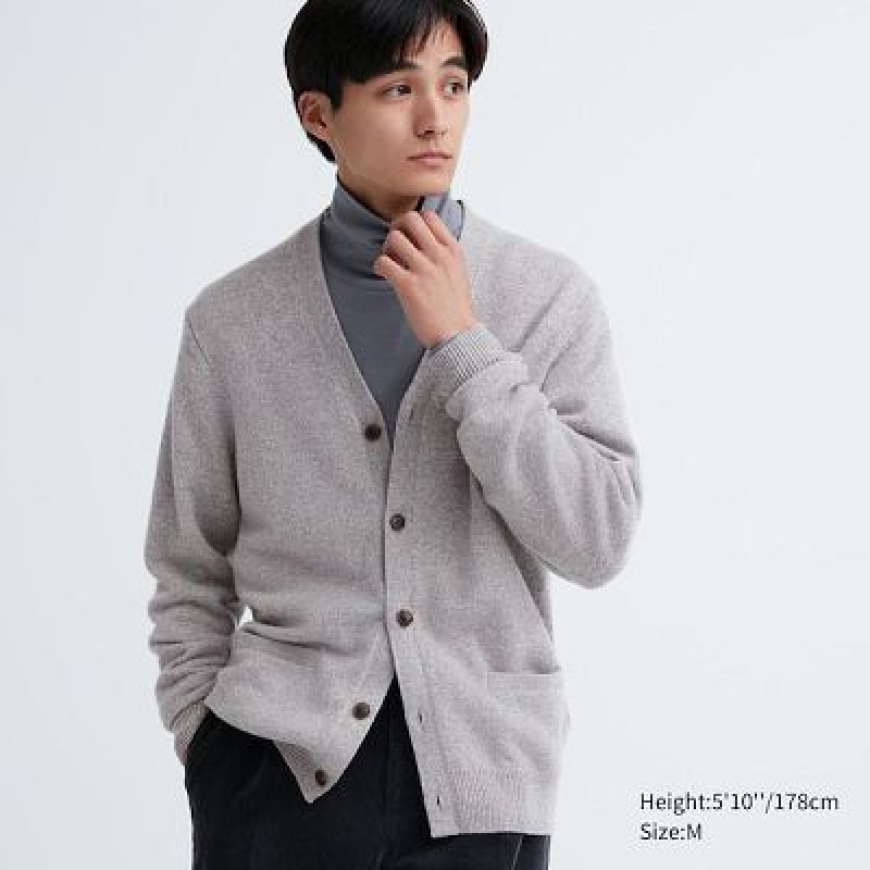 Cárdigan Uniqlo Premium Lambswool V-Neck Long-Sleeve Hombre Gris | 517690_PE