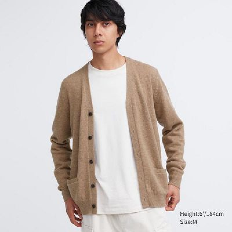 Cárdigan Uniqlo Premium Lambswool V-Neck Long-Sleeve Hombre Beige | 475138_PE