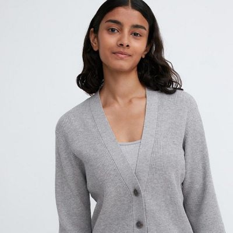 Cárdigan Uniqlo Washable Knit Acanalado Long-Sleeve Mujer Gris | 567190_PE